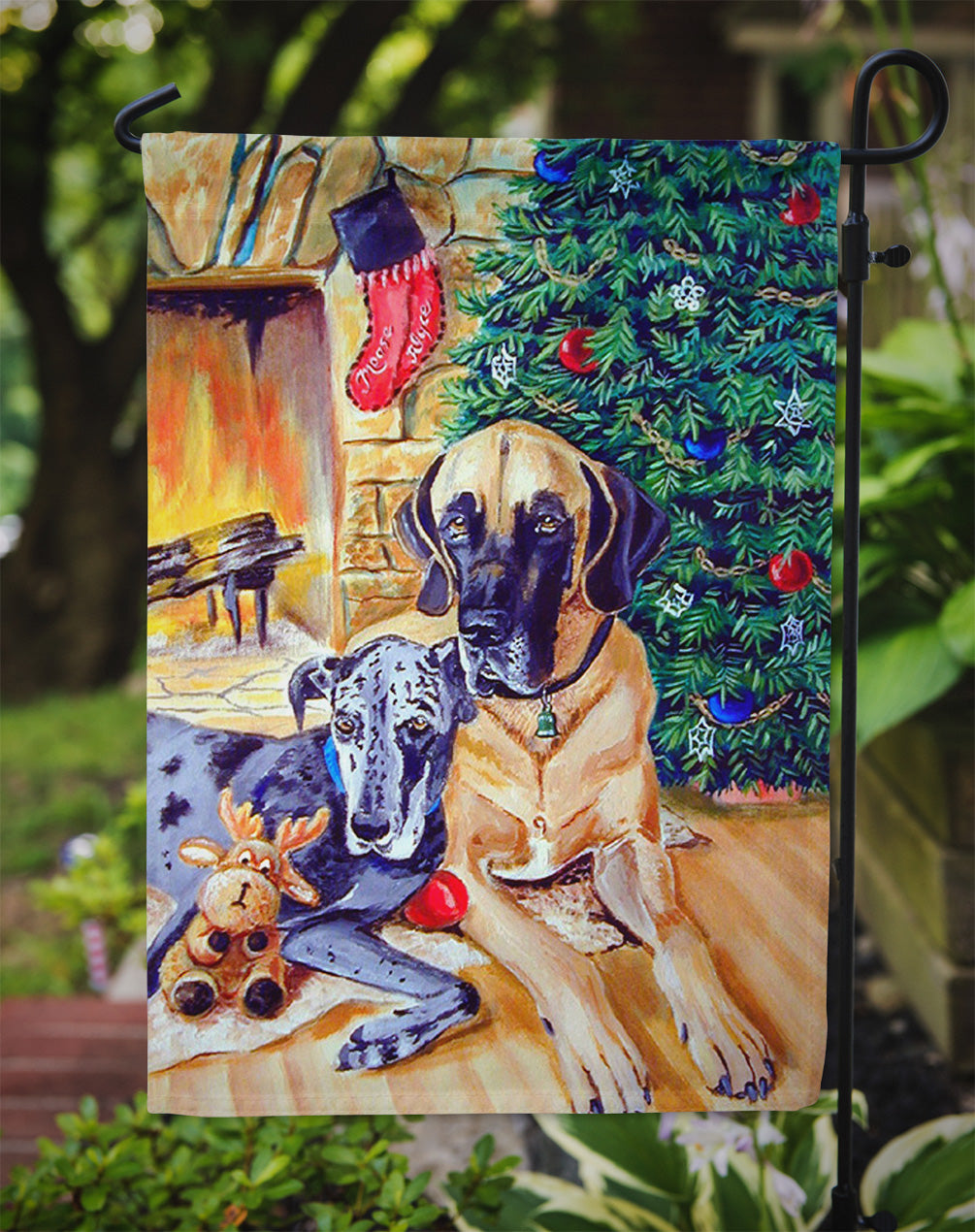 Harlequin and Blue Great Danes Under the Christmas Tree Garden Flag – Decorative Outdoor Yard Flag