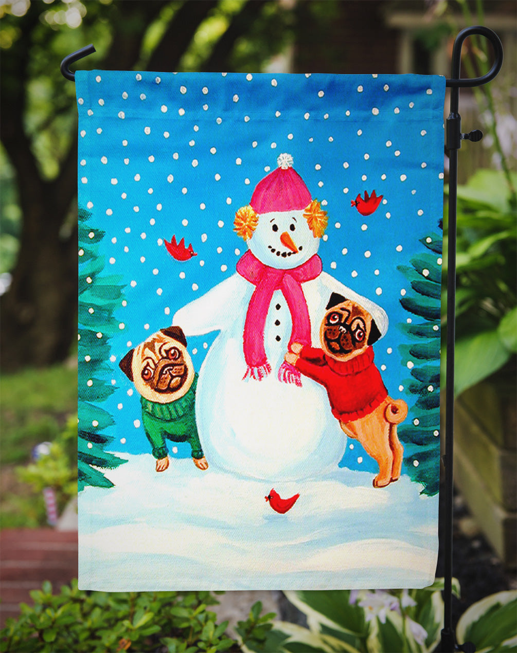Snowman with Pug Winter Snowman Garden Flag – Decorative Outdoor Yard Flag