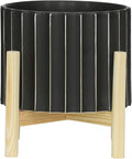 Sagebrook Home 8" Ceramic Planter - Black Planter Elevated on Wooden Stand with Fluted Design - for Indoor or Outdoor Plants, Great Gift Idea for Plant Lovers
