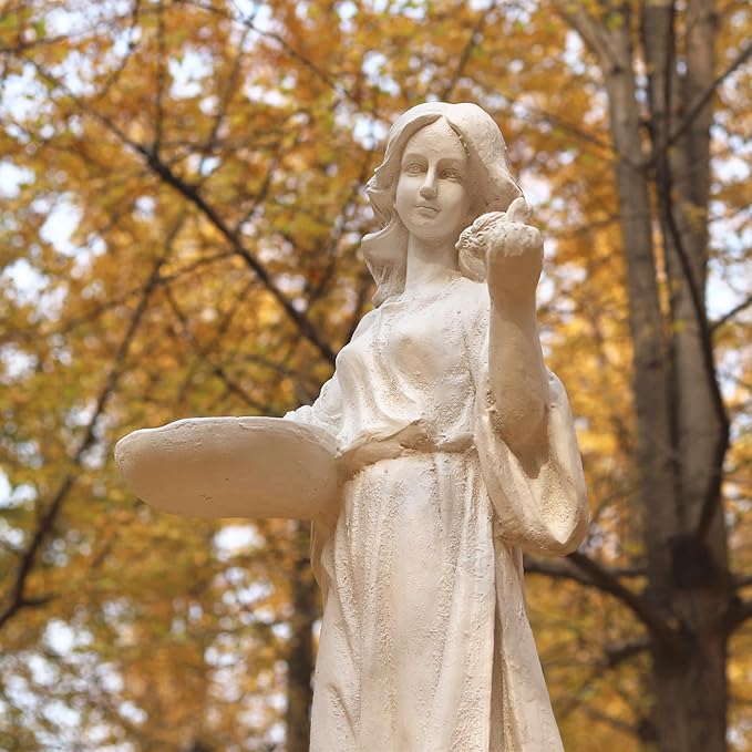 Garden Outdoor Nymph Statue Girl Maid Statue 40 Inch with Birdbath Bird Bath Bowl Magnesium Oxide Sculpture Patio Yard Lawn Decor Ivory