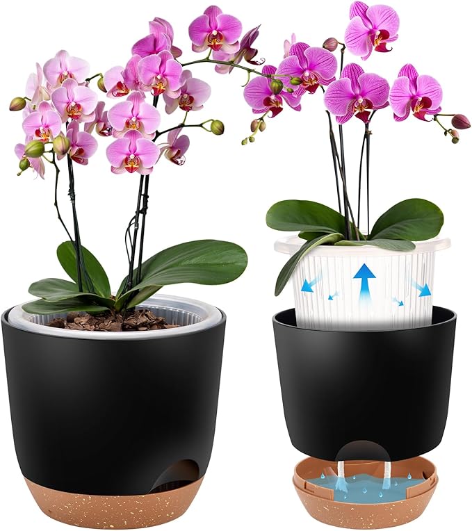 Self Watering Orchid Pots for Indoor Plants,5.8 Inch Macetas para Orqudeas,Flower Pots for Indoor Plants with Holes(Black)