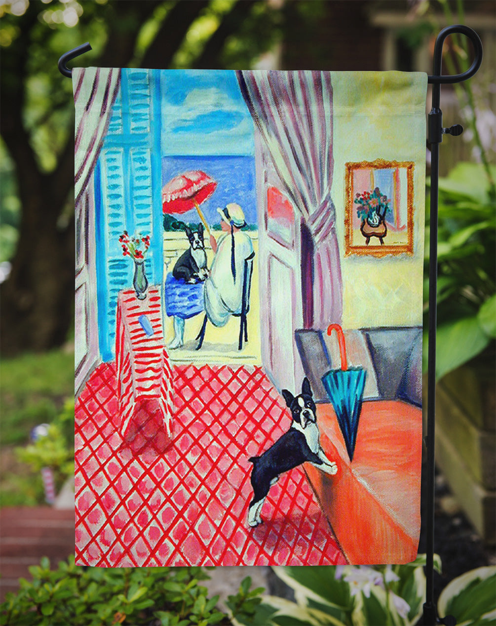 Lady with her Boston Terrier Garden Flag – Decorative Outdoor Yard Flag