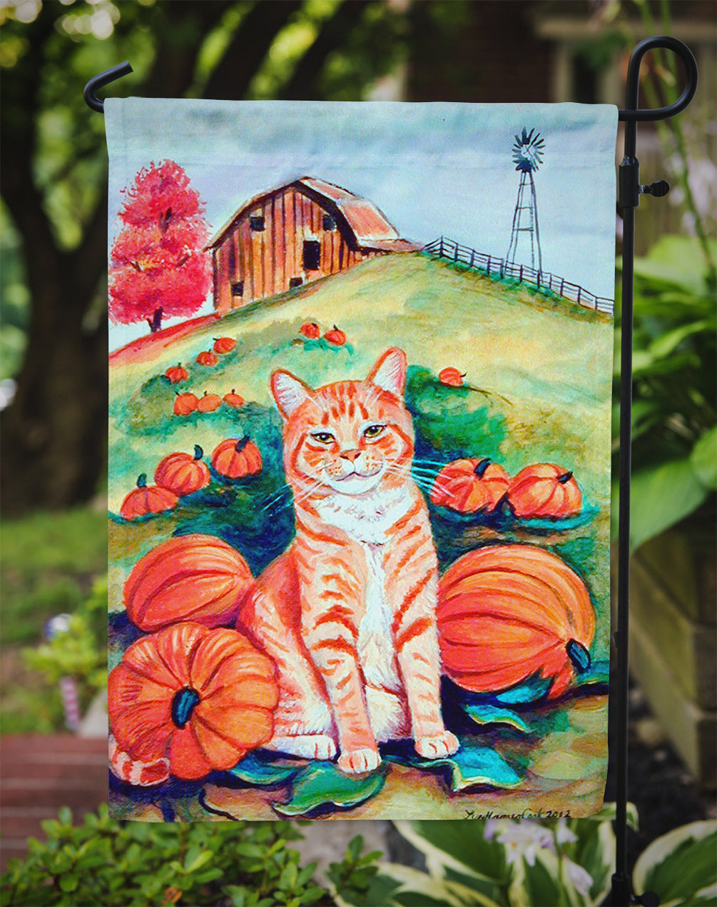 Tabby Cat in the pumpkins Garden Flag – Decorative Outdoor Yard Flag