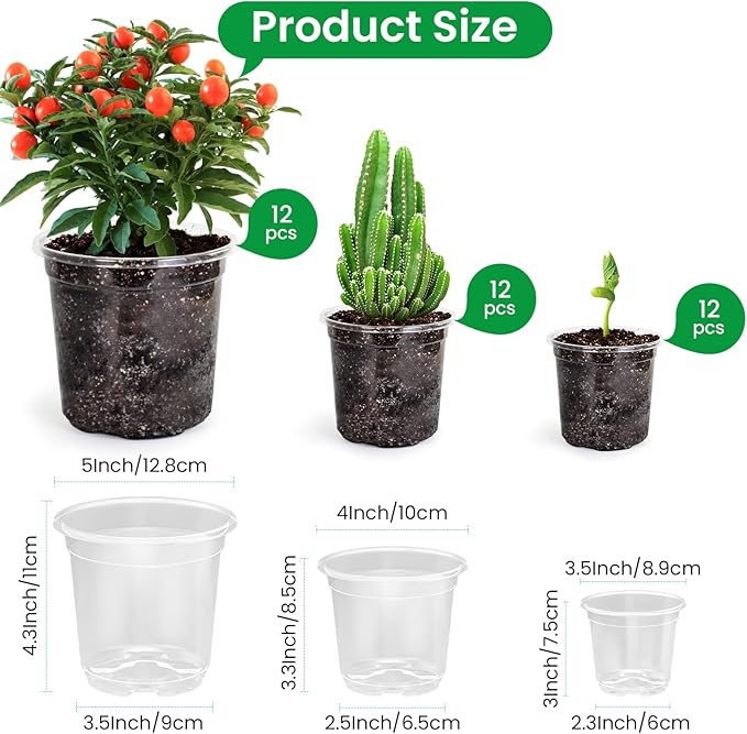 36 Packs 5/4/3.5 Inch Reinforced Clear Nursery Pots with Drainage Hole, Transparent Variety Pack Plastic Plant Pot Seedling Planter Seed Starter Flower