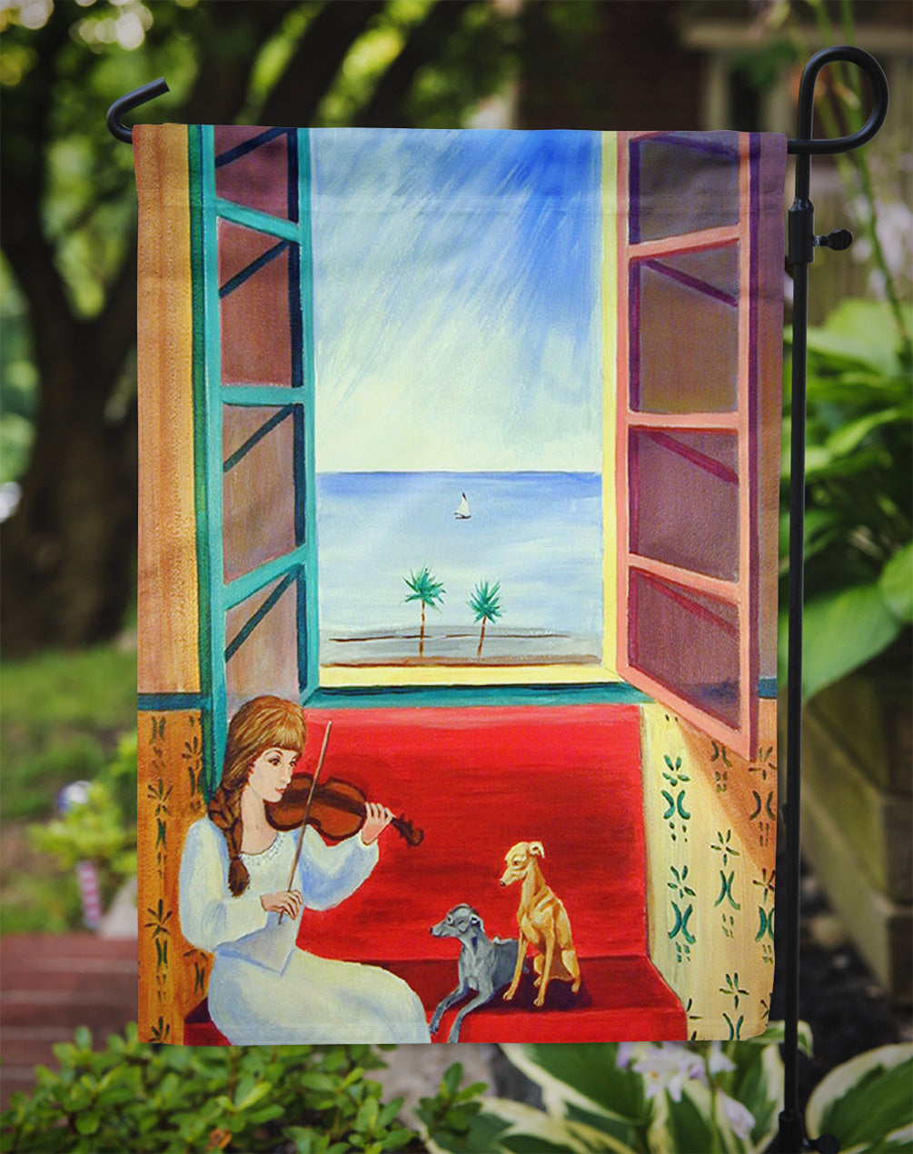 Italian Greyhounds with Mom and Violin Garden Flag – Decorative Outdoor Yard Flag