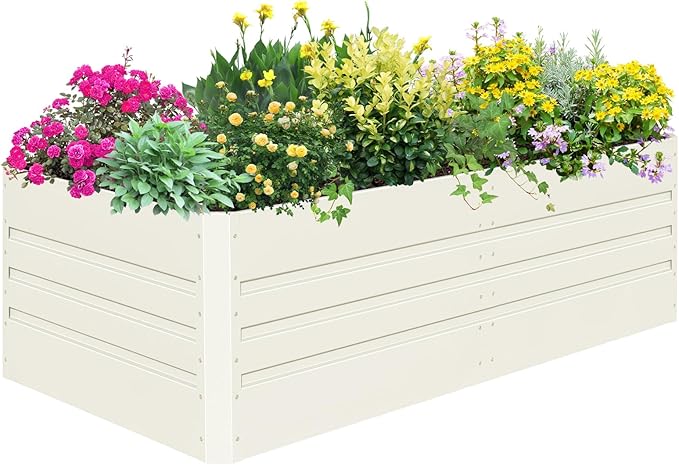 SnugNiture Galvanized Raised Garden Bed 8x4x2FT Outdoor Large Metal Planter Box Steel Kit for Planting Vegetables, Flowers, Beige White