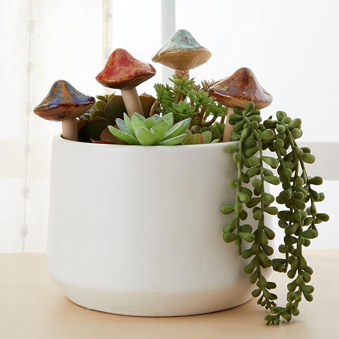 Juvale 4 Pack 5-inch Ceramic Mushroom Plant Garden Ornament and Decor - Outdoor Decoration Stakes for Planter Pots