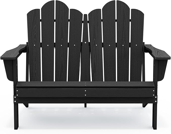 SERWALL Folding Adirondack Bench, HDPE All-Weather Adirondack Loveseat, 660 lbs Capacity, Foldable Outdoor Patio Bench for Deck, Lawn, Garden, Black
