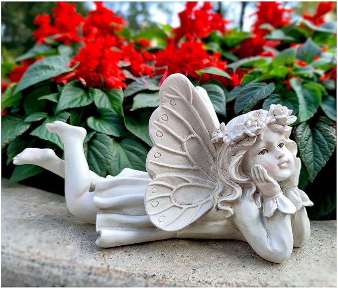 MeritMode Fairy Garden Figurines - Angel Statue with Butterfly and Holding Face, for Mom, Resin Outdoor Figurine for Patio & Yard, 10" Width