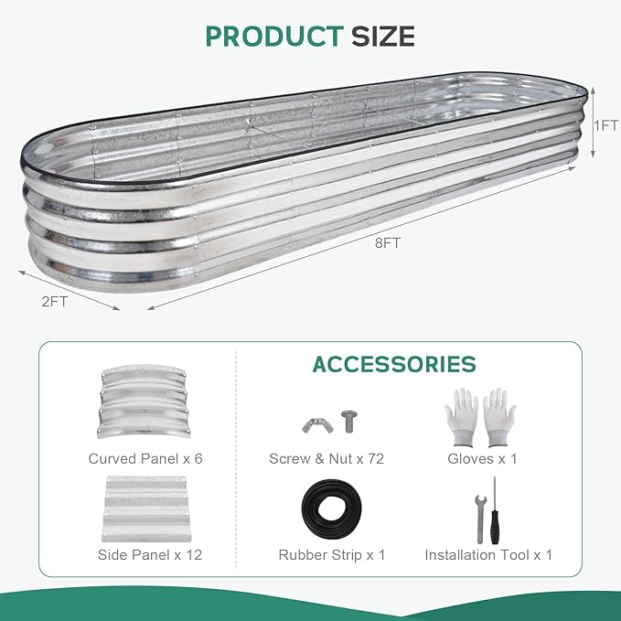 Galvanized Raised Garden Bed - 8×2×1ft Planter Raised Beds for Gardening | Oval Metal Garden Planter Box with Safety Edging and Bracing Rods for Vegetables Fruits and Flowers - Silver