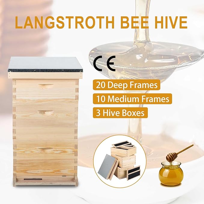 CREWORKS Bee Hive Boxes Starter Kit, 3 Layer Bee House with 10 Medium and 20 Deep Frames & Foundations, Langstroth Beehive for Bee Keeping, Beekeeping Supplies with Plastic Queen Excluder and Nails