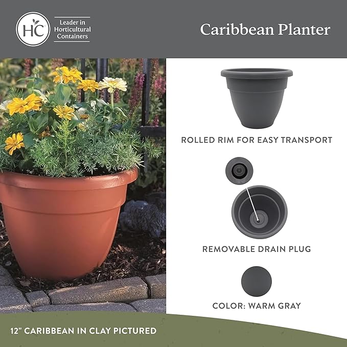 The HC Companies 14 Inch Caribbean Planter - Lightweight Indoor Outdoor Plastic Plant Pot for Herbs and Flowers, Warm Gray