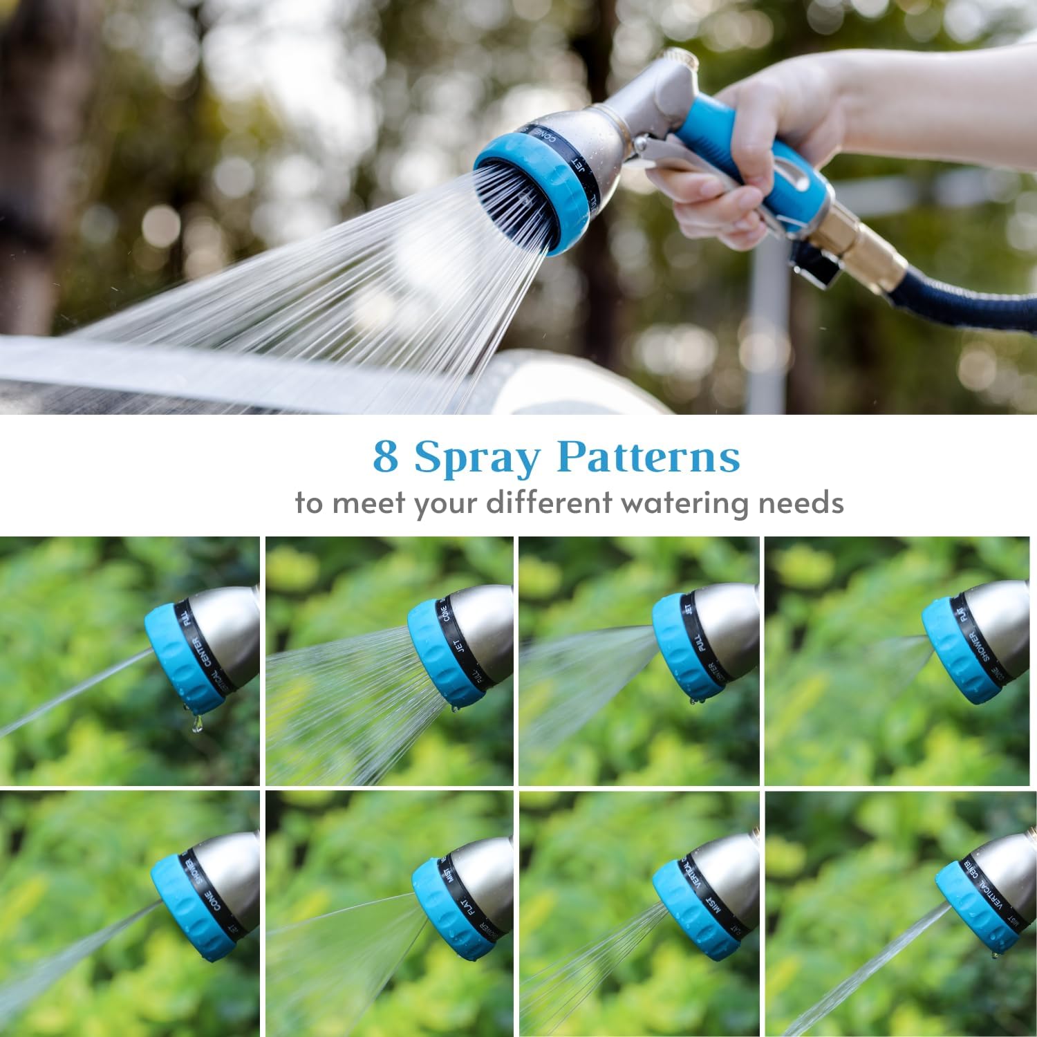 HOSUN Garden Hose Nozzle Sprayer Heavy Duty, 100% Metal Water Hose Nozzle with 8 Spray Patterns, High Pressure Hose Spray Nozzle with Non-Slip Grip for Watering Plant & Lawn, Washing Car & Pet, Blue