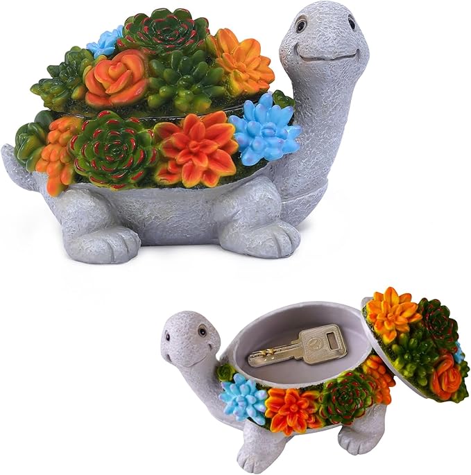 Outdoor Turtle Key Hider Statue - Cute Succulent Turtle Hide a Key Outdoor Decorative - Small Gift Box for Women, Home Decor & Turtle Gifts (Turtle)