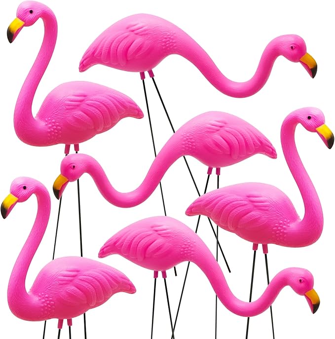 JOYIN Set of 2 Small Pink Flamingo Yard Ornament Stakes Mini Lawn Plastic Flamingo Statue with Metal Legs for Sidewalks, Outdoor Garden Decoration, Luau Party, Beach, Tropical Party Decor, 2 Styles
