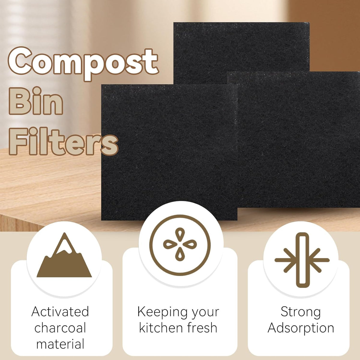 Biaungdo 12 Pack 5 Inch Sqaure Charcoal Filter Replacements, Black Kitchen Compost Bin Filters for Countertop Square Carbon Filter Bin Pail Replacement