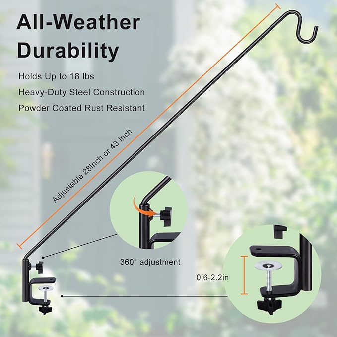 MIXXIDEA Deck Hook Outdoor Hanging Brackets：43 Inches Wall Mounted Hook Plants & Wind Chimes Risk-Free Lanterns Large Wind Chimes Lanterns