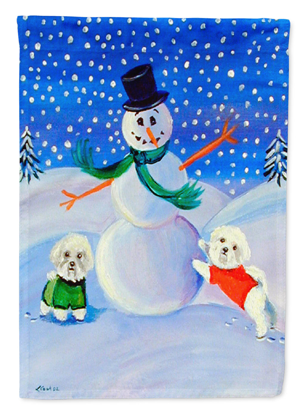 Snowman with a  Bichon Frise Garden Flag – Decorative Outdoor Yard Flag