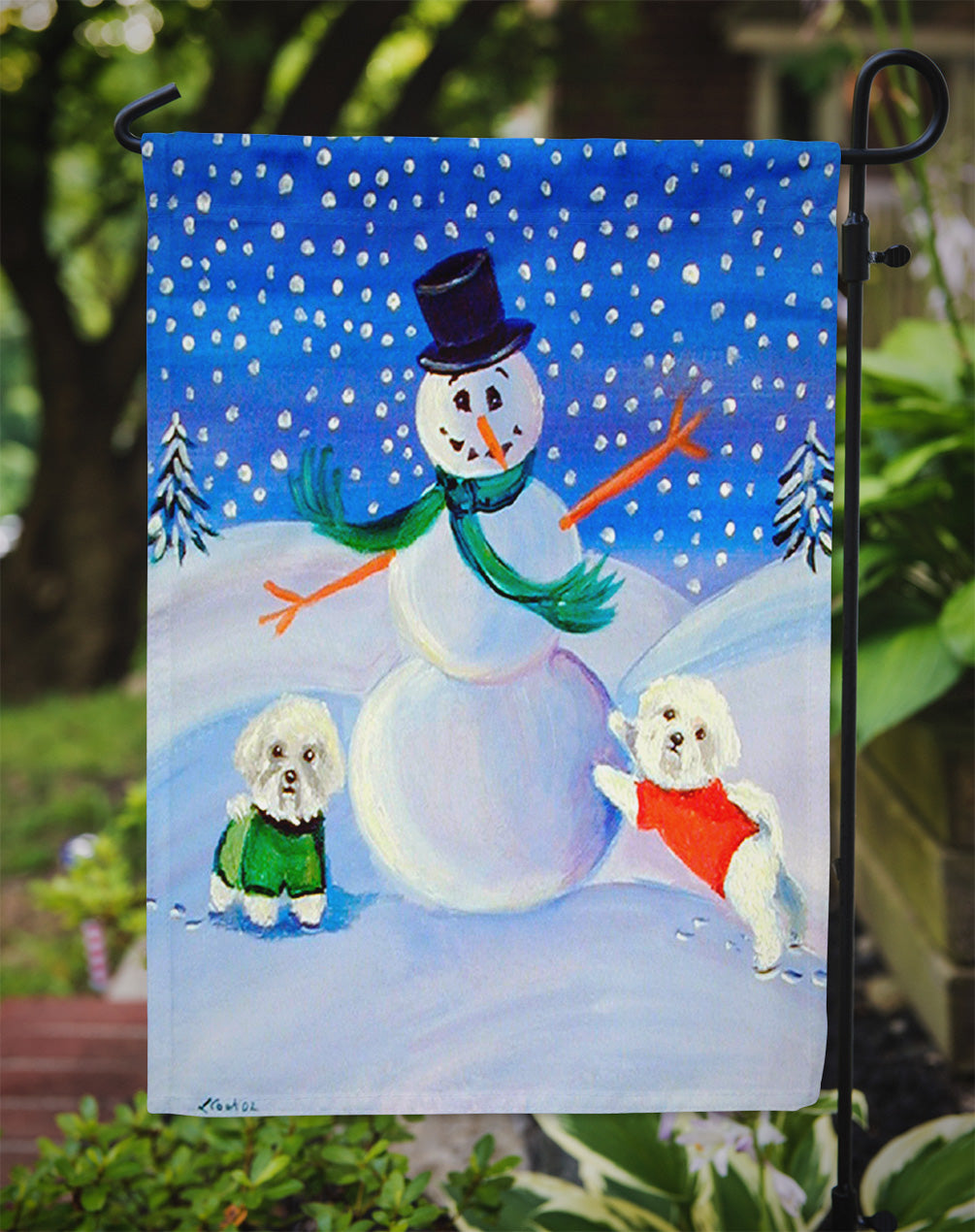 Snowman with a  Bichon Frise Garden Flag – Decorative Outdoor Yard Flag