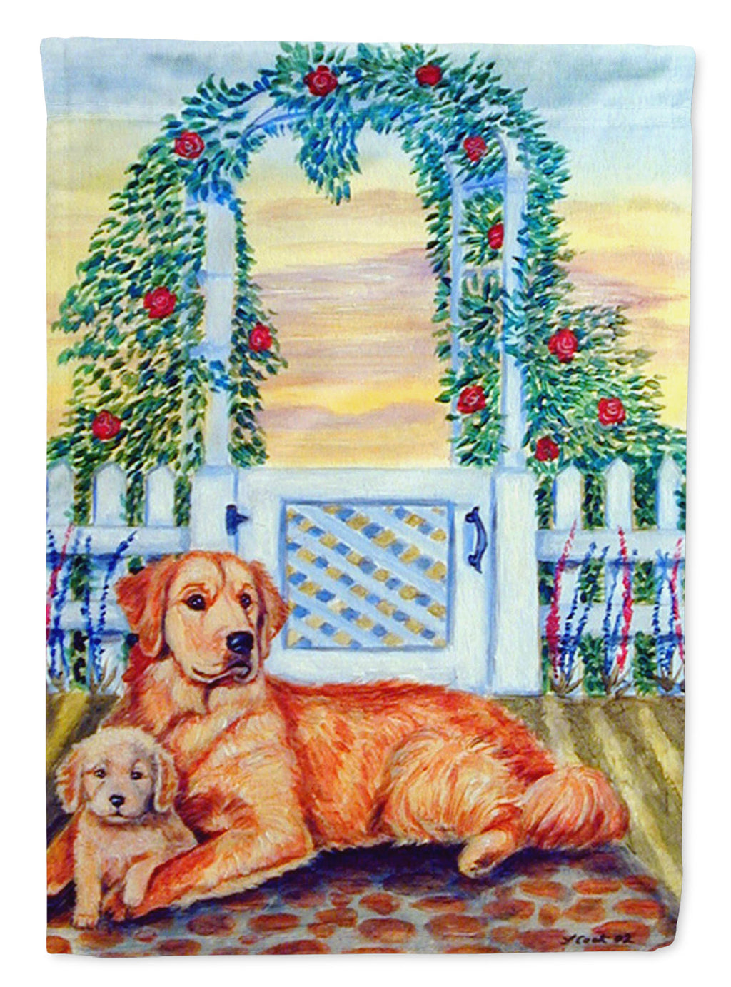 Golden Retriever with puppy at the gate Garden Flag – Decorative Outdoor Yard Flag