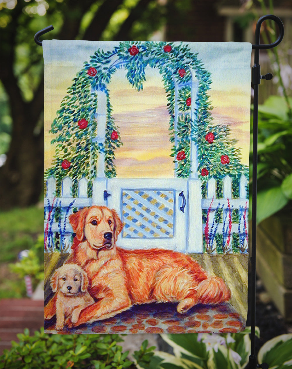 Golden Retriever with puppy at the gate Garden Flag – Decorative Outdoor Yard Flag