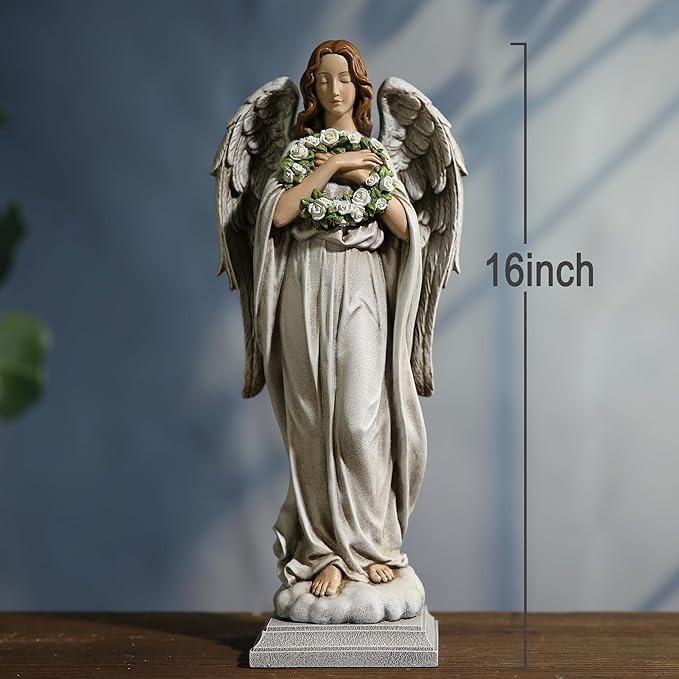 Garden Angel with Flower Wreath Statue - 16" Outdoor Memorial Angel Decor