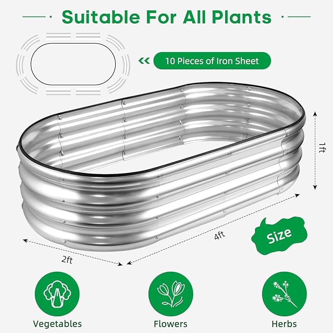 JERIA Raised Garden Bed,Galvanized Raised 4×2×1ft Planter Boxes Outdoor with Easy Assembly, Large Garden Bed for Vegetables, Fruits, Flowers