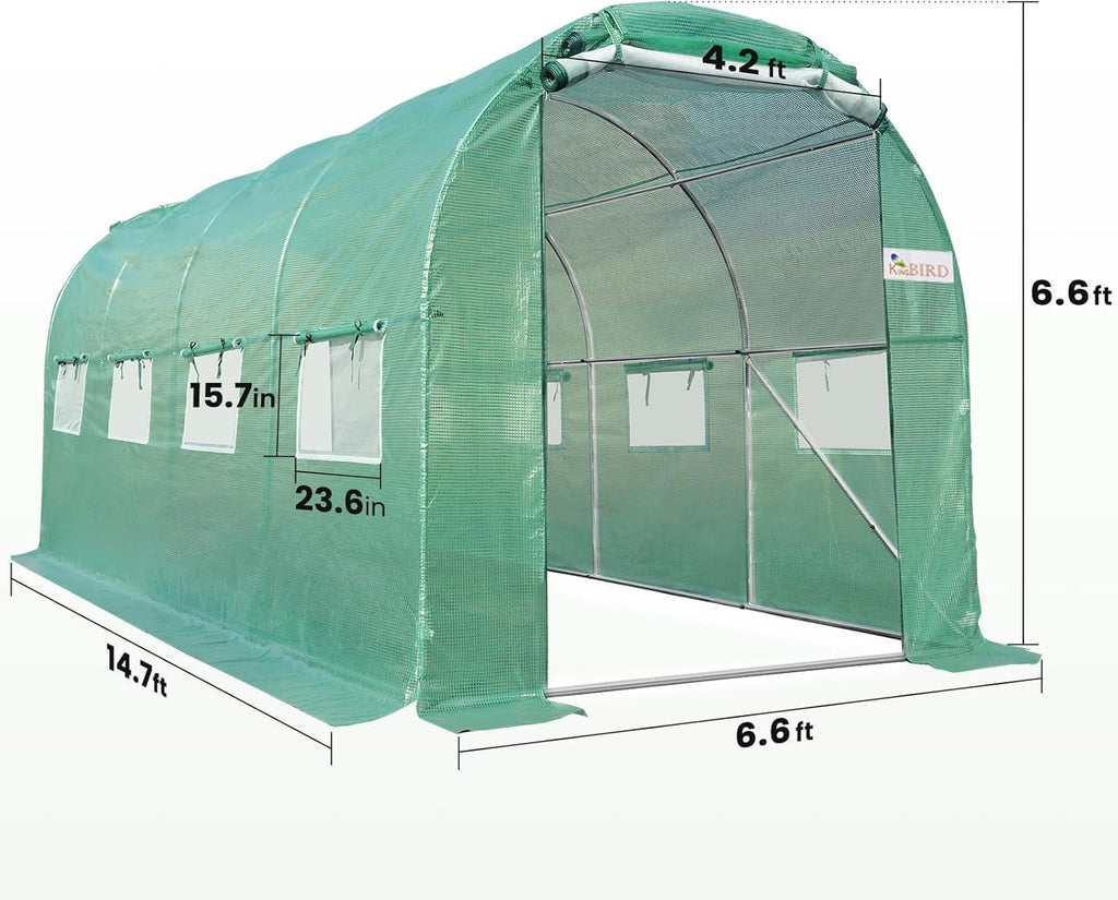 KING BIRD Premium 15x6.6x6.6FT Greenhouse for Outdoors, Large Walk-in Heavy Duty Galvanized Steel Frame, Mesh Door Screen Window Upgraded Zipper Tunnel Hoop for Garden Plant Winter, Green