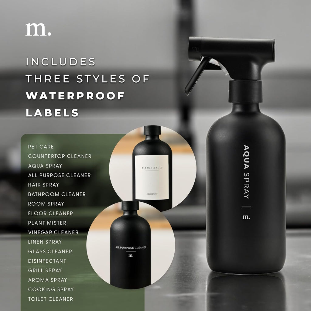 MaisoNovo Spray Bottle for Hair - 16.9 fl oz Black x 2 with 16 Labels