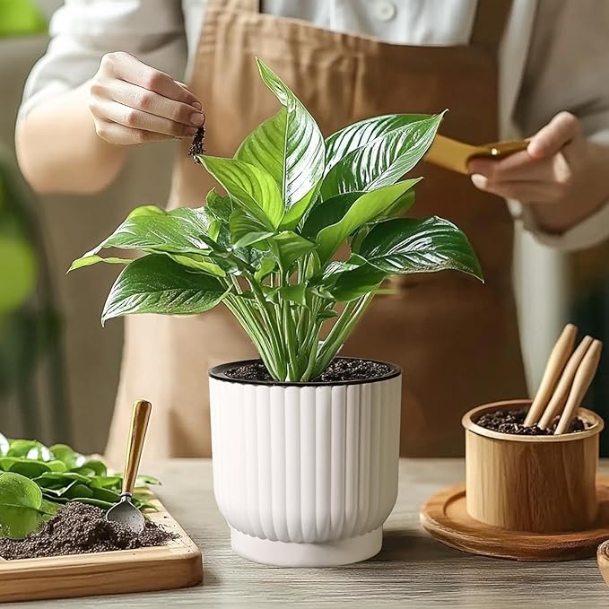 T4U 7 Inch Self Watering Pots for Indoor Plants, 4 Pack White Plastic Flower Pots for All House Plants, Flowers, African Violets