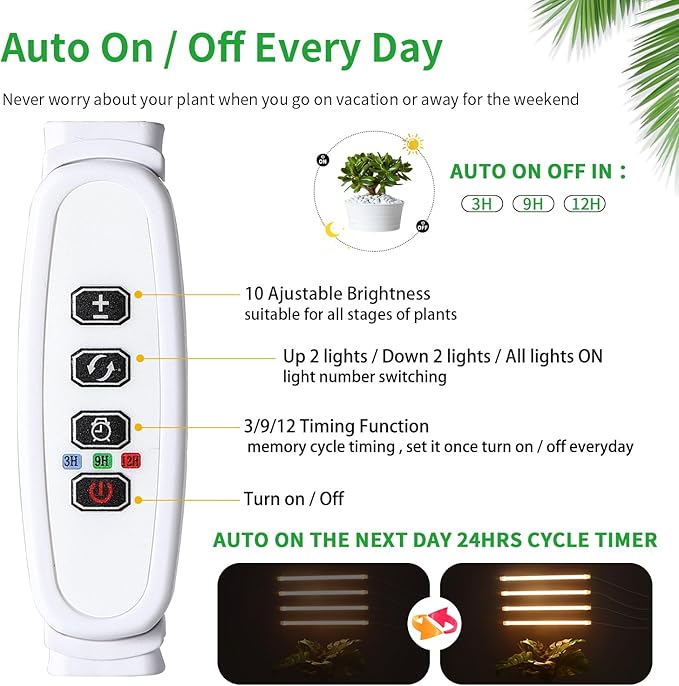LED Plant Growing lamp, 3000K Full Spectrum Grow Light Strips for Indoor Plants with 3/9/12H Timer & 10 Dimmable Levels, Led Growth Light for Green House Hydroponics Succulent