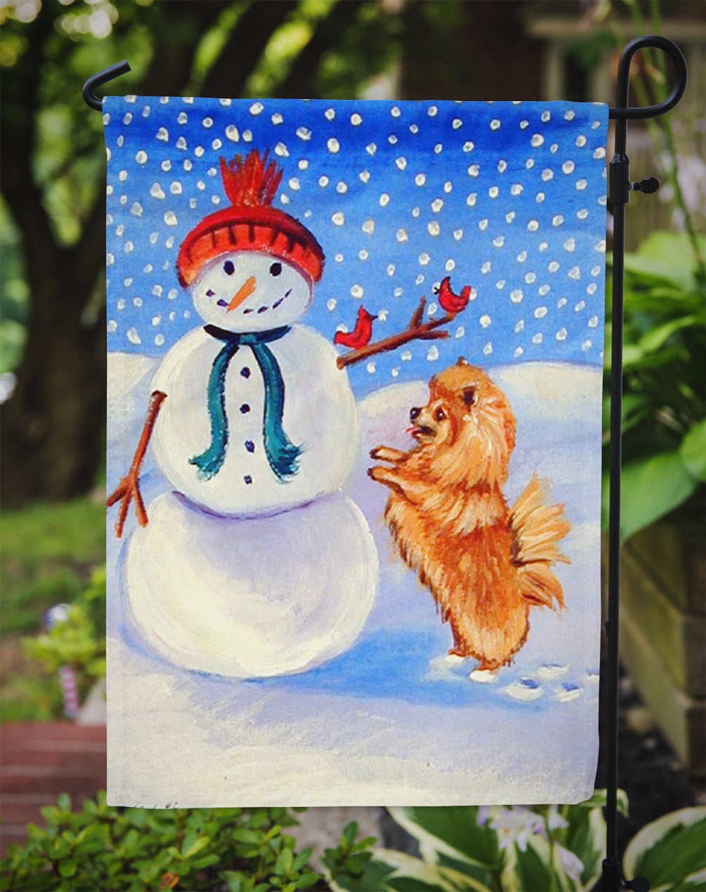 Snowman with Pomeranian Winter Snowman Garden Flag – Decorative Outdoor Yard Flag