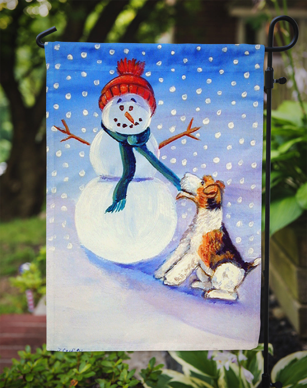 Snowman with  Fox Terrier Garden Flag – Decorative Outdoor Yard Flag