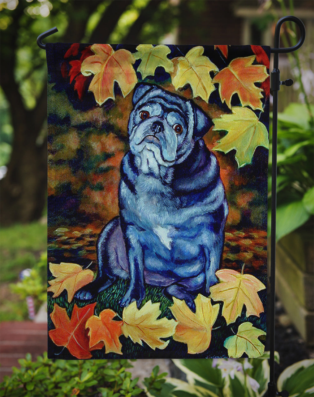 Old Black Pug in fall leaves Garden Flag – Decorative Outdoor Yard Flag