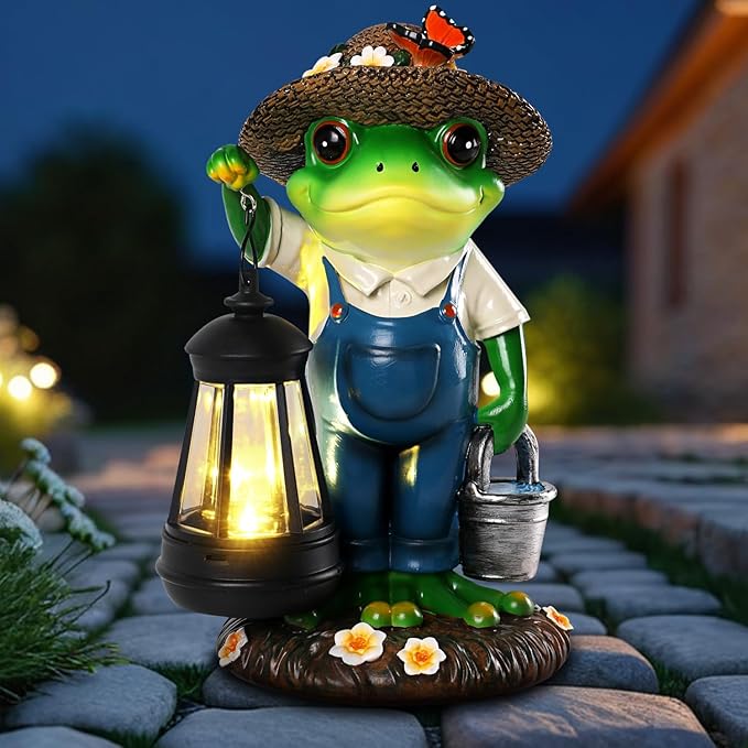 Solar Garden Decor - Frog Statues with Lantern 9" Resin Solar Frogs for Outdoors Patio Yard Porch Lawn Balcony Decor Ideas Animal Lover Gardening Gifts for Women Mom Wife