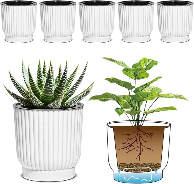 T4U 4 Inch Self Watering Pots for Indoor Plants, 6 Pack White Plastic Flower Pots for All House Plants, Flowers, African Violets