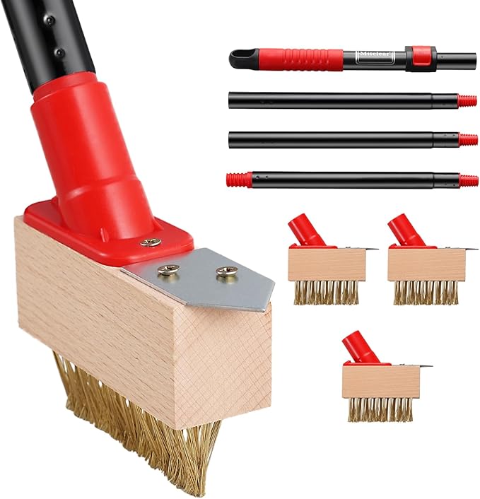 Moss Remove Brush with Long Handle(53IN), Deck Crevice Cleaning Tool, Weed Remover with Wire Brush & Metal Blade, Crack Moss Remover for Pavement Driveway Patio Sidewalk Paver(3 Brush Heads)