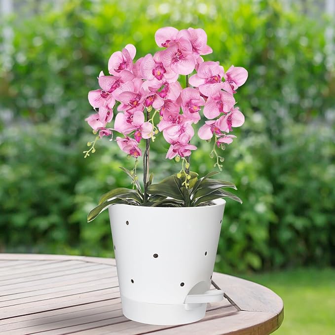 Orchid Pots with Holes, 6 Inch Self Watering Orchid Pot 2 Pack Plastic Plant Pots for Orchid, Flower (White)