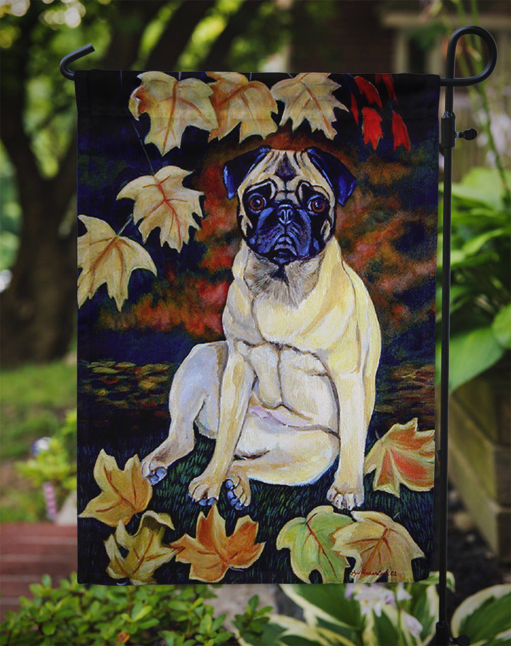 Old Fawn Pug in fall Garden Flag – Decorative Outdoor Yard Flag