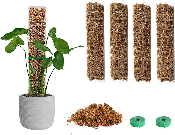 EOX 4 Pcs 15 Inch Plastic Moss Pole for Plants Monstera Set with 150g Sphagnum Moss, Plant Poles for Climbing Plants, Plant Support for Indoor Plants, Garden Ties