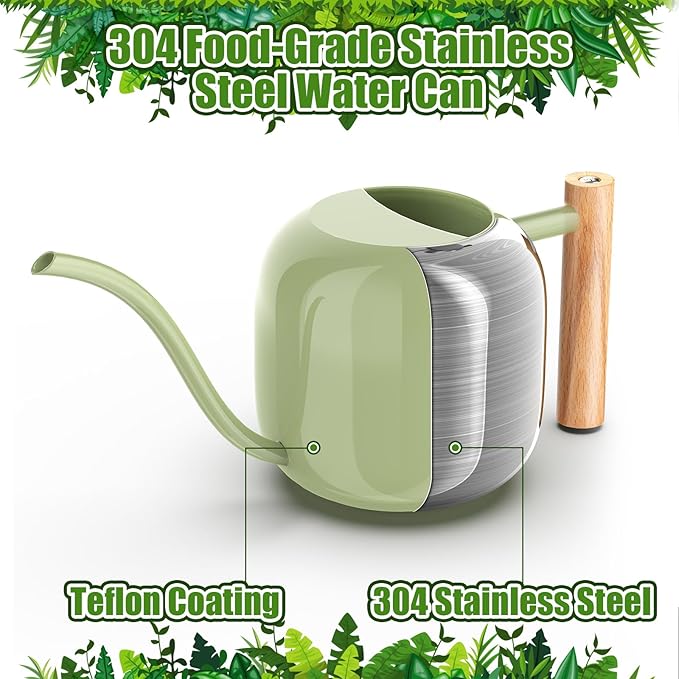 Green Moon Watering Can Indoor Plants 1.2L/41oz Sage Green Water Can Indoor Metal Small Water Can Pot with Long Spout for House Bonsai Plants Garden Flower Decorative