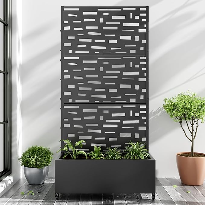 Casaphoria Metal Raised Garden Bed with Trellis and Wheels, 72"x35"x16" Planter Box for Climbing Plants, Vegetables & Vines, Features Drainage Holes and Privacy Screen (Black-Gerald)