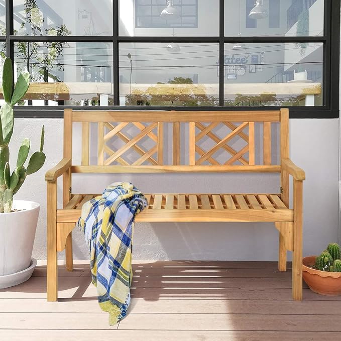 Giantex 4 Ft Foldable Outdoor Bench, Acacia Wood Outside Loveseat with Curved Backrest and Armrest, 705Lbs Weight Capacity, Garden Bench for Patio, Park, Porch, Balcony
