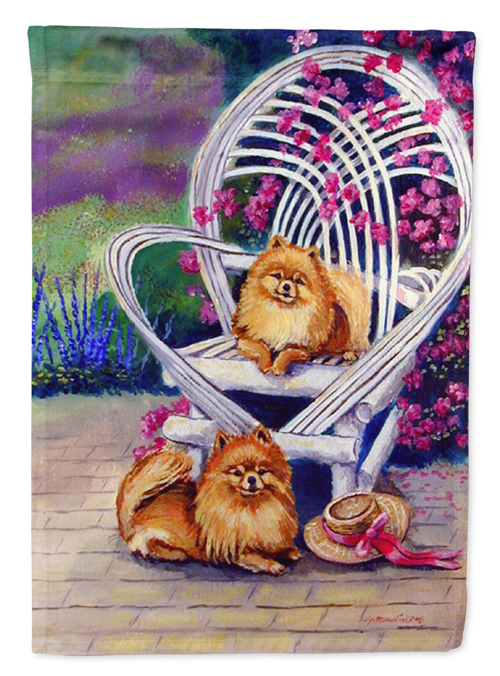 Red Pomeranians on the patio Garden Flag – Decorative Outdoor Yard Flag