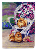 Red Pomeranians on the patio Garden Flag – Decorative Outdoor Yard Flag