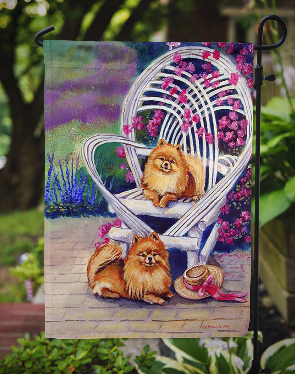 Red Pomeranians on the patio Garden Flag – Decorative Outdoor Yard Flag