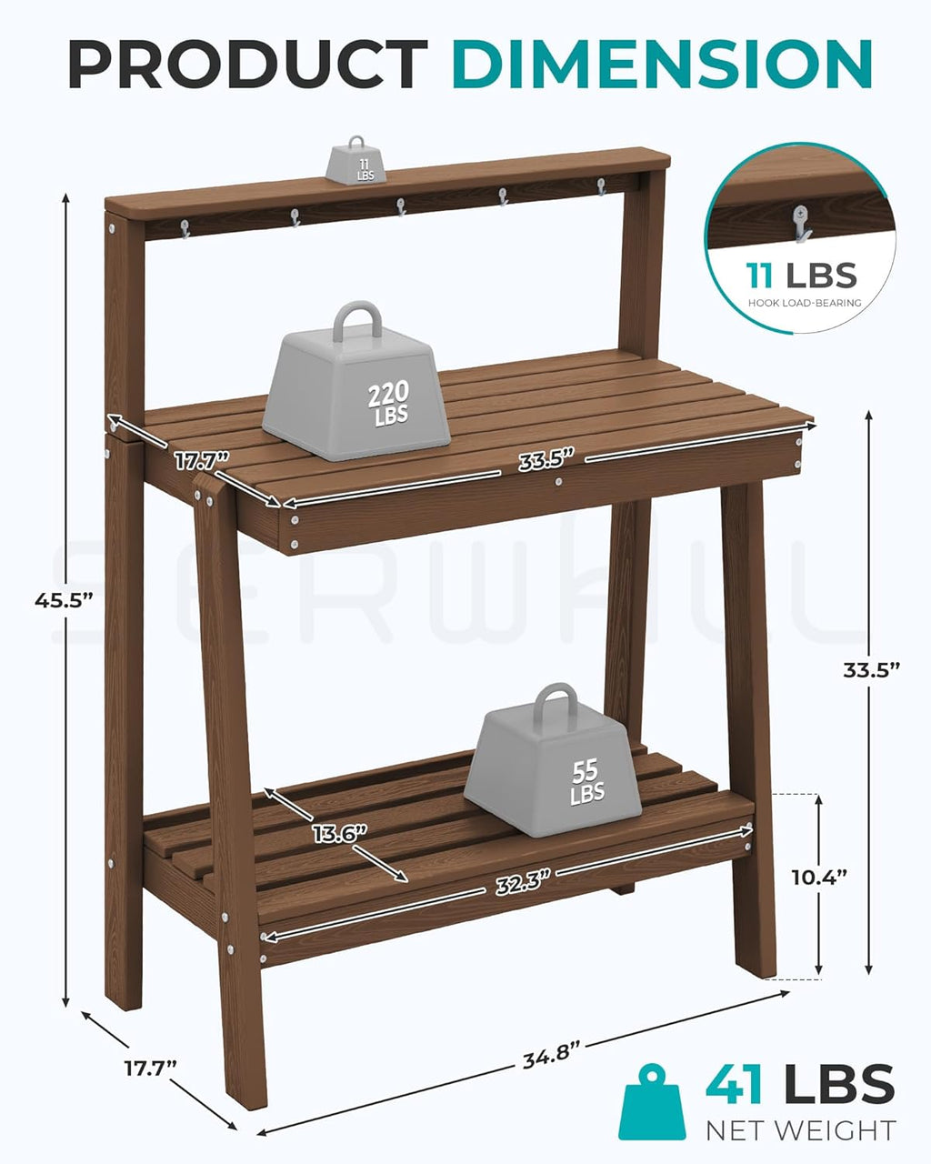 SERWALL Potting Bench Outdoor with Storage Set of 2, 3-Tier HDPE Gardening Table with Angled Legs & Tool Hooks, All-Weather Heavy Duty Potting Table for Patio, Backyard, Garden, Brown