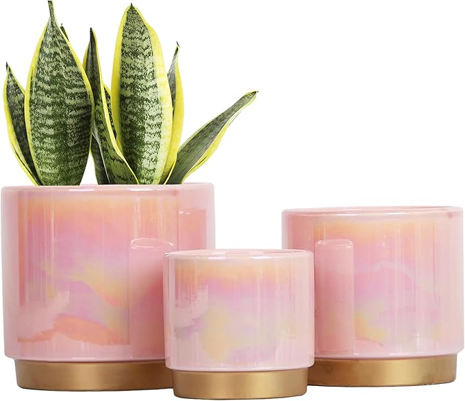Gepege Indoor Pots for Plants, Ceramic Planter with Drainage Hole, 9.6inch+7.6Inch+6Inch. Succulent Orchid Flower Pot - Rainbow Pearl Glaze