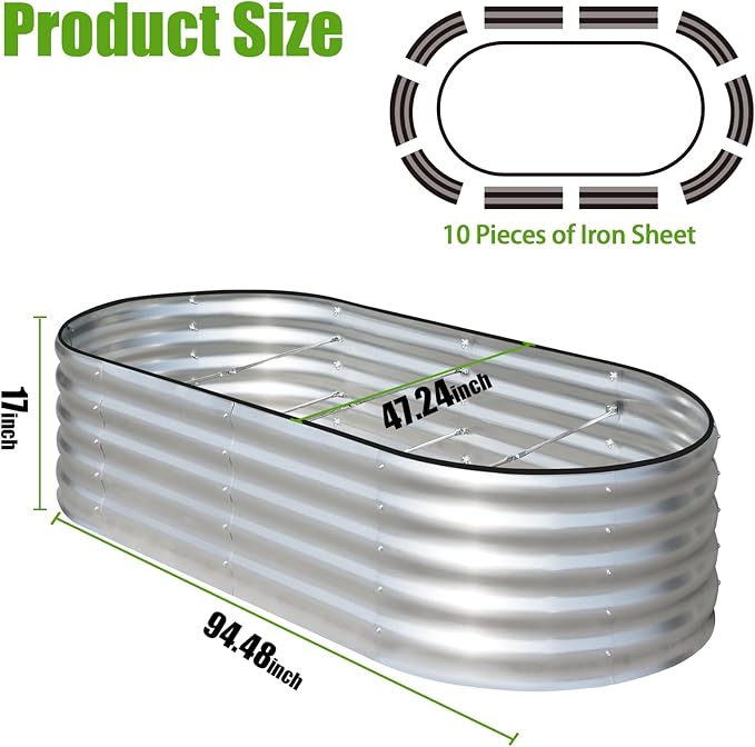 SnugNiture Galvanized Raised Garden Bed, 8x4x1.5ft Oval Metal Planter Box for Planting Outdoor Plants Vegetables