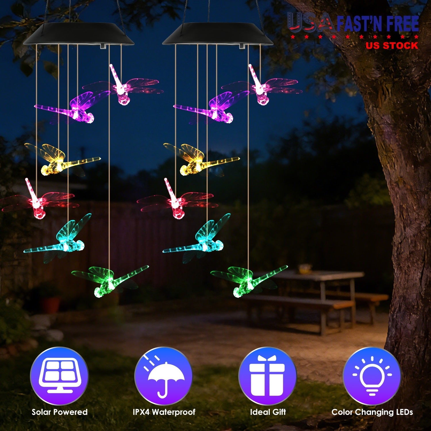 2Pack Solar Dragonfly Wind Chimes 7 Color Changing Wind Chimes for Outside IPX4 Waterproof Outdoor Garden Yard Decor